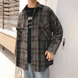 Wiaofellas Spring Retro Woolen Plaid Long-sleeved Shirt Male Loose Korean Harajuku Style Casual Couple Tide Brand Shirt Jacket Men Shirt