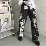 Wiaofellas Hip Hop Jeans Pant Men Patchwork Rock Band Print Wide Leg Streetwear Loose Straight Denim Patch Harajuku Trousers Couple skeleto