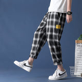 Wiaofellas Black Plaid Joggers Pants Men's Cotton Comfortable Pant Summer Loose Comfortable Casual Trendy Japanese Eight Pant Sweatpants