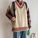 Wiaofellas Men Sweater Vests Striped Sleeveless V-neck Knitted Shrug Ins Preppy Style Ulzzang Chic Leisure Loose Male Clothing Harajuku New