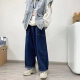 Wiaofellas New Style Men's Retro Streetwear Trousers Straight Overalls Hip Hop Casual Pants Trendy Loose Wide Leg Pants Blue Color Jeans