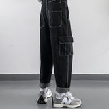 Wiaofellas Men Cargo Jeans Baggy Solid Black Pockets Large Size S-3XL Soft Korean Style Streetwear All-match Daily Trendy Suspenders Retro