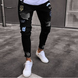 Wiaofellas Men Stretchy Ripped Skinny Biker Embroidery Cartoon Print Jeans Destroyed Hole Slim Fit Denim High Quality Hip Hop Black Jeans
