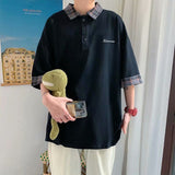 Hong Kong style fake two-piece polo shirt men's short-sleeved tshirt summer plaid stitching preppy shirt loose unisex streetwear