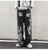 Wiaofellas Hip Hop Jeans Pant Men Patchwork Rock Band Print Wide Leg Streetwear Loose Straight Denim Patch Harajuku Trousers Couple skeleto