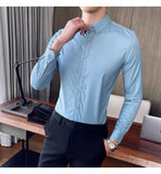 Wiaofellas Elegant Fashion Gentleman Black Classic Mens Clothing Large Sizes Light Blue England Work Shirts Men Social Slim Button Up Dress