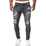 Wiaofellas Jeans Men's Distressed Stretch Ripped Biker Jeans Men Hip Hop Slim Fit Holes Punk Jeans Zipper Pure Color Denim Pants