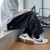 Wiaofellas Solid Color Wide Leg Pants Mens Oversized Casual Fashion Streetwear Vintage Male Cargo Pants Straight Loose Trousers