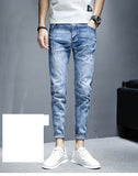 Wiaofellas teenagers Denim Jeans men's Korean feet brand stretch men's trousers summer thin casual ripped ankle length pants