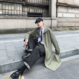 Wiaofellas Green Black Trench Coat Men's Fashion Oversized Long Coat Men Streetwear Loose Windbreaker Jacket Mens Overcoat M-2XL