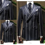 Wiaofellas Handsome Newest White Pinstripe Black Men Suits Outwear Fit Slim Formal Coat Wide Lapel Blazer Double Breasted Overcoat Tuxedos