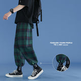 Wiaofellas Black Plaid Joggers Pants Men's Cotton Comfortable Pant Summer Loose Comfortable Casual Trendy Japanese Eight Pant Sweatpants