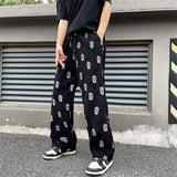 Wiaofellas Preppy Style Skull Full Print Drawstring Casual Corduroy Men Baggy Pants Hip Hop Straight Sweatpants Male Loose Trousers