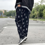 Wiaofellas Preppy Style Skull Full Print Drawstring Casual Corduroy Men Baggy Pants Hip Hop Straight Sweatpants Male Loose Trousers