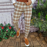 Wiaofellas Men's Casual Plaid Print Pants Skinny Pencil Pants Zipper Elastic Waist Oversize Pants Streetwear Trousers Men's Clothing