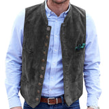 Wiaofellas Men's Vest Suede Suit Vest Casual Steampunk Style Waistcoat Round Neck Single Breasted Sleeveless