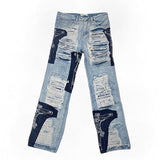 Wiaofellas Fashion Streetwear Mens Washed Knife Cut Damaged Patch Ripped Jeans Stitching Men's and Women's Straight Loose Wide Leg Pant
