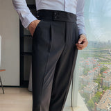 Wiaofellas New Design Men High Waist Trousers Solid England Business Casual Suit Pants Belt Straight Slim Fit Bottoms White Clothing