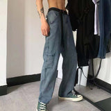 Wiaofellas Men's Korean Style Fashion Loose Casual Pants Wide Leg Straight Pants Blue Color Jeans Baggy Homme Trousers S-3XL