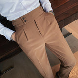 Wiaofellas New Design Men High Waist Trousers Solid England Business Casual Suit Pants Belt Straight Slim Fit Bottoms White Clothing