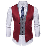 Wiaofellas Fake Two Piece Mens Formal Vest Red Waistcoat Fashion Steampunk Casual Business Jacket Party Dress Men Gilet Homme Retro