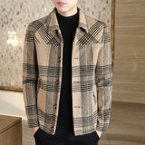 Wiaofellas Men's woolen plaid short jacket tops new men's autumn and winter fashion casual lapel slim-fitting woolen trench coat S-4XL