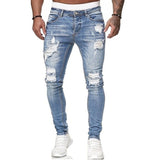 Wiaofellas Jeans Men's Distressed Stretch Ripped Biker Jeans Men Hip Hop Slim Fit Holes Punk Jeans Zipper Pure Color Denim Pants