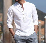 Wiaofellas Men's Casual Shirt Cotton Solid Color Long Sleeve Blouse Chic Stand Collar Fashion Handsome Tops Streetwear Camisas