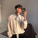 Wiaofellas Four Seasons Korean Men's Loose Retro Chiffon Fabric Bow Tie Shirt Men's Long Sleeve Nice Clothes Shirts White/black Color Coats