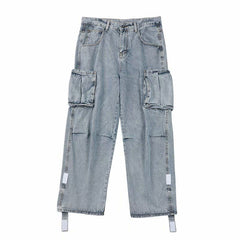 Wiaofellas Men Jeans Wide Leg Denim Pants Side Pockets Loose Straight Baggy Male Cargo Pants Streetwear Skateboard Hip Hop Casual Trousers