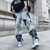 Wiaofellas Fashion Streetwear Mens Washed Knife Cut Damaged Patch Ripped Jeans Stitching Men's and Women's Straight Loose Wide Leg Pant