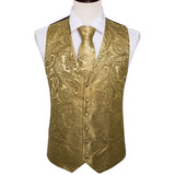 Wiaofellas 4PC Mens Extra Silk Vest Party Wedding Gold Paisley Solid Floral Waistcoat Vest Pocket Square Tie Suit Set Barry.Wang BM-2017