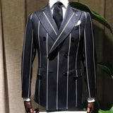 Wiaofellas Handsome Newest White Pinstripe Black Men Suits Outwear Fit Slim Formal Coat Wide Lapel Blazer Double Breasted Overcoat Tuxedos