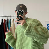 Wiaofellas Waffle Round Neck Sweater Oversized Solid Color Fashion Harajuku Men's Jumpers Autumn Casual Knitted Pullovers