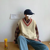 Wiaofellas Men Sweater Vests Striped Sleeveless V-neck Knitted Shrug Ins Preppy Style Ulzzang Chic Leisure Loose Male Clothing Harajuku New