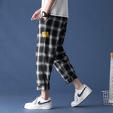 Wiaofellas Black Plaid Joggers Pants Men's Cotton Comfortable Pant Summer Loose Comfortable Casual Trendy Japanese Eight Pant Sweatpants