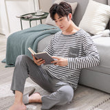 Wiaofellas Stripe 100% Cotton Pajamas Sets Men Long Sleeve Pijama Set for Male S-XXXLSize Sleep Clothing Nightie Sleepwear Man Pyjamas Suit