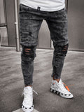 Wiaofellas Jeans Men's Distressed Stretch Ripped Biker Jeans Men Hip Hop Slim Fit Holes Punk Jeans Zipper Pure Color Denim Pants