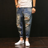 Wiaofellas Men Baggy Ripped hole denim pants Male Distressed Harem Jeans Oversize 42 Hip Hop Cropped jean pants Do old Style Joggers A60504