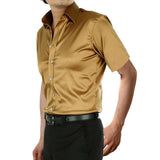 Wiaofellas Stylish Gold Silk Satin Shirt Men Chemise Homme Casual Short Sleeve Slim Fit Mens Dress Shirts Business Camisa Masculina