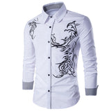 Wiaofellas New Men Shirt Plus Size Slim Fit Men Casual Shirt Spring Autumn Cotton Dragon Pattern Print White Men Long Sleeve Shirt 3XL