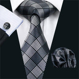 Wiaofellas FA-1017 Barry.Wang Mens Ties Black Plaid Silk Jacquard Tie Hanky Cufflinks Set Men's Business Gift Ties For Men Free Shipping