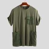 Wiaofellas Summer Men T Shirt Pockets Solid Casual Short Sleeve Tees Men Streetwear Camisetas Hombre Loose Couple T-shirts 5XL