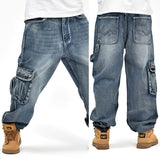 Wiaofellas HOT New 2023 Large Size 30-44 46 Jeans Fashion Loose Big Pockets Hip-Hop Skateboard Casual Men Denim Blue & Black Design Brand