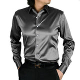 Wiaofellas 2023 Men's Luxury Silky Shirts Long Sleeve Fashion Loose Casual Silk Like Men Dress Shirt Plus size Wedding Party Stage Clothes