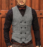 Wiaofellas Men Vests Suit Vest Tweed Man Waistcoat Brown Black Groomman Wedding Clothing Jacket Victorian Style Steampunk Business