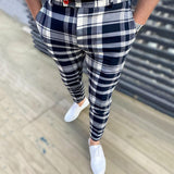 Wiaofellas Men's Casual Plaid Print Pants Skinny Pencil Pants Zipper Elastic Waist Oversize Pants Streetwear Trousers Men's Clothing