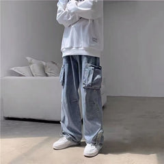 Wiaofellas Men Jeans Wide Leg Denim Pants Side Pockets Loose Straight Baggy Male Cargo Pants Streetwear Skateboard Hip Hop Casual Trousers