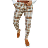 Wiaofellas Men's Casual Plaid Print Pants Skinny Pencil Pants Zipper Elastic Waist Oversize Pants Streetwear Trousers Men's Clothing