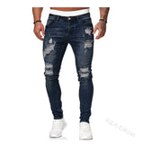 Wiaofellas Jeans Men's Distressed Stretch Ripped Biker Jeans Men Hip Hop Slim Fit Holes Punk Jeans Zipper Pure Color Denim Pants